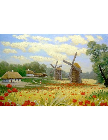 Peinture à l'huile Printemps Champ Fleurs Moulin à vent Village Toile de fond M1-73 pour bénéficier 