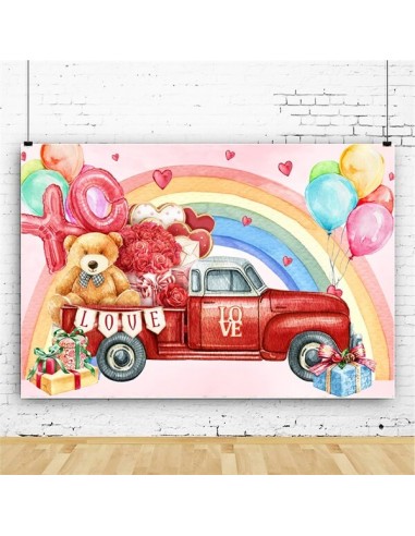 Saint Valentin Ours Rose Coffre Rouge Voiture Arc-en-ciel Ballons Graffiti Toile de fond M12-11 En savoir plus