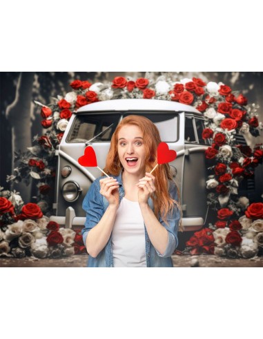 St Valentin Voiture Vintage Roses Rouges et Blanches Romantique Toile de fond M12-34 rembourrage situé sous